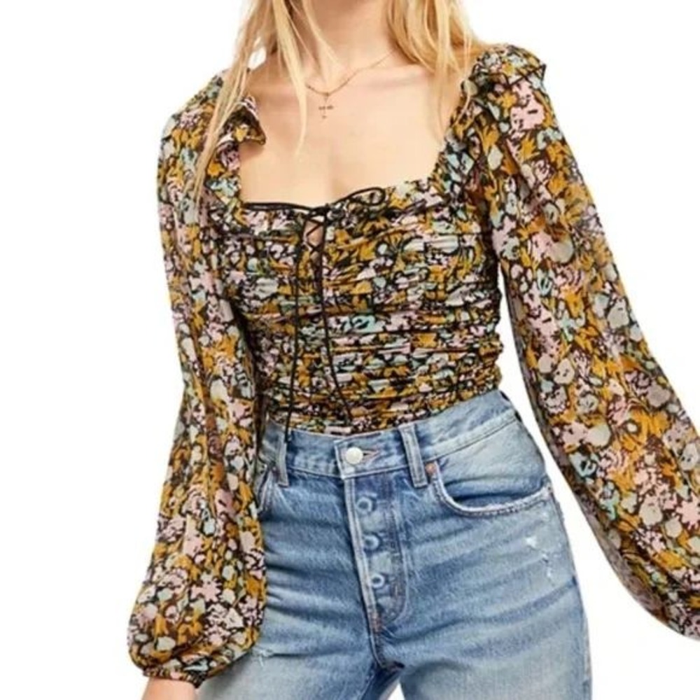 Free People Boho Fairy Grunge Floral Smocked Cutout Crop Top Long Sleeve Small‎